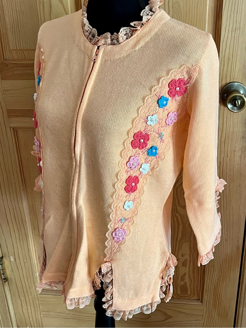 Vintage Storybook Knits Floral Princess Peach Zip Cardigan Sweater Crochet XS